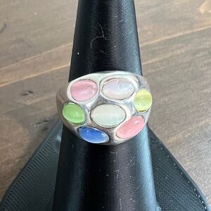 Colorful Multi-Stone Silver Ring - Pink, Blue, Green